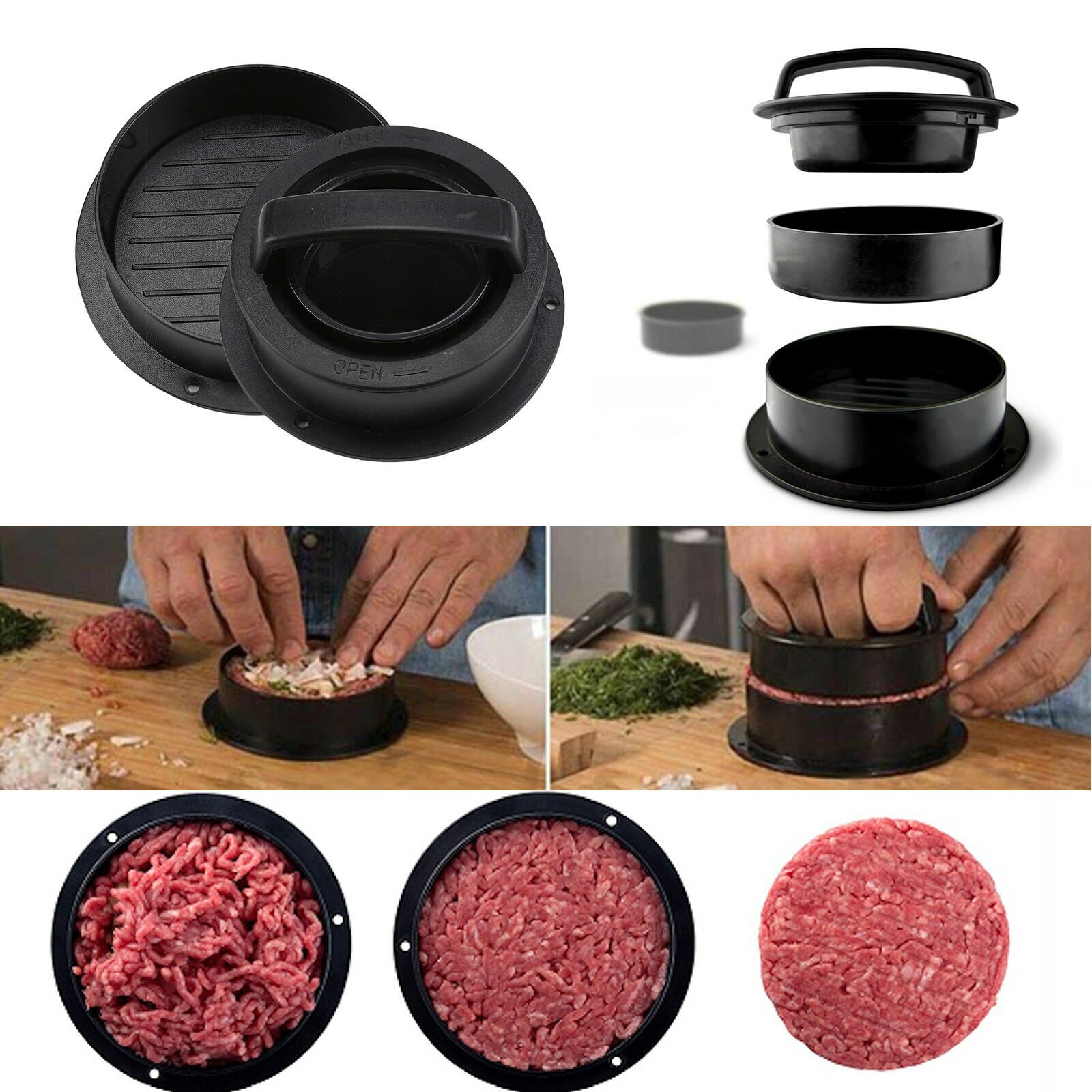3-in-1 Non-stick Kitchen Stuffed Burger Maker Press Round Shape Hamburger Meat Maker Hamburger Patty Maker and Sliders