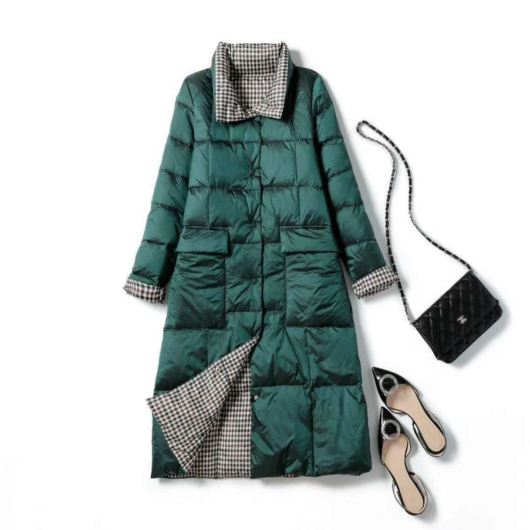 Luzuzi-Chaqueta de plumón largo de doble cara para mujer, Parkas cálidas de invierno con cuello alto a cuadros, plumón de pato blanco, ropa de abrigo para nieve,: green / XXL