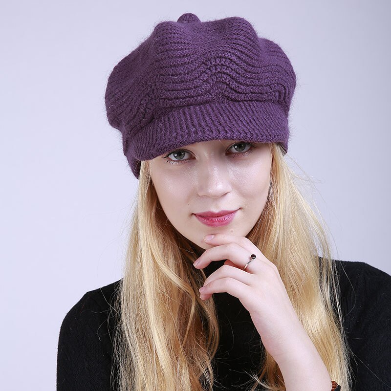 Autumn Winter Brim Wool Hat Solid Color Soft Beanie Female Women Warm Fleece Inside Knitted Visors Cap