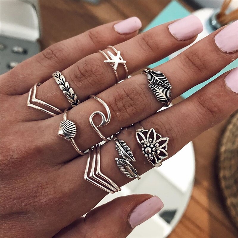 Bohemian Rings For Women Antique Silver Color Angle Anel Knuckle Gothic Punk Initial Ring Set Boho Jewelry Anniversary Gif: 8