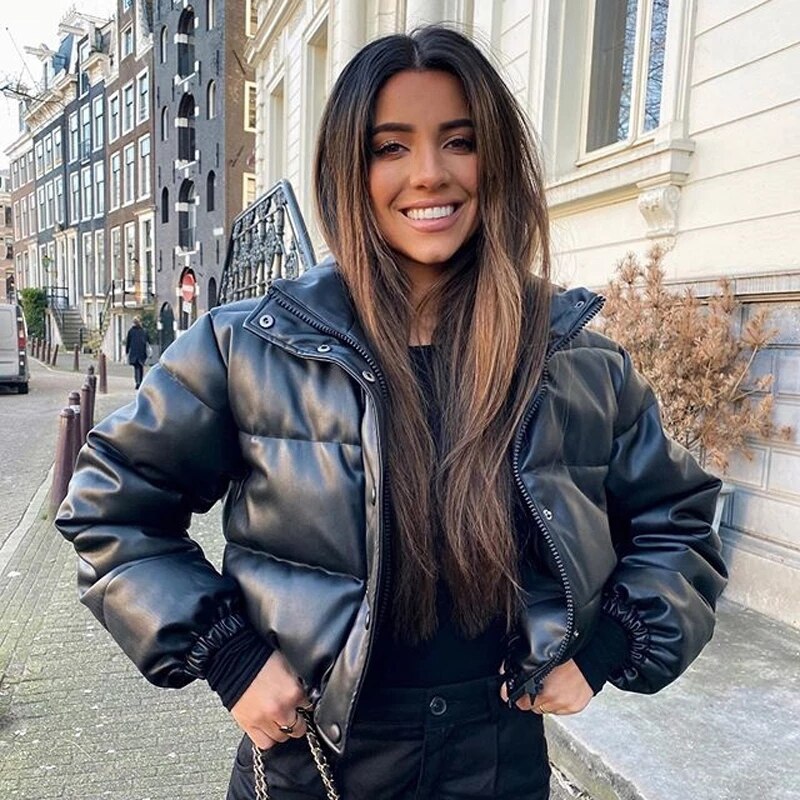 Femmes PU cuir veste bouffante épais manteaux fermeture éclair gilet vestes surdimensionné coton bulle vêtements femme Za