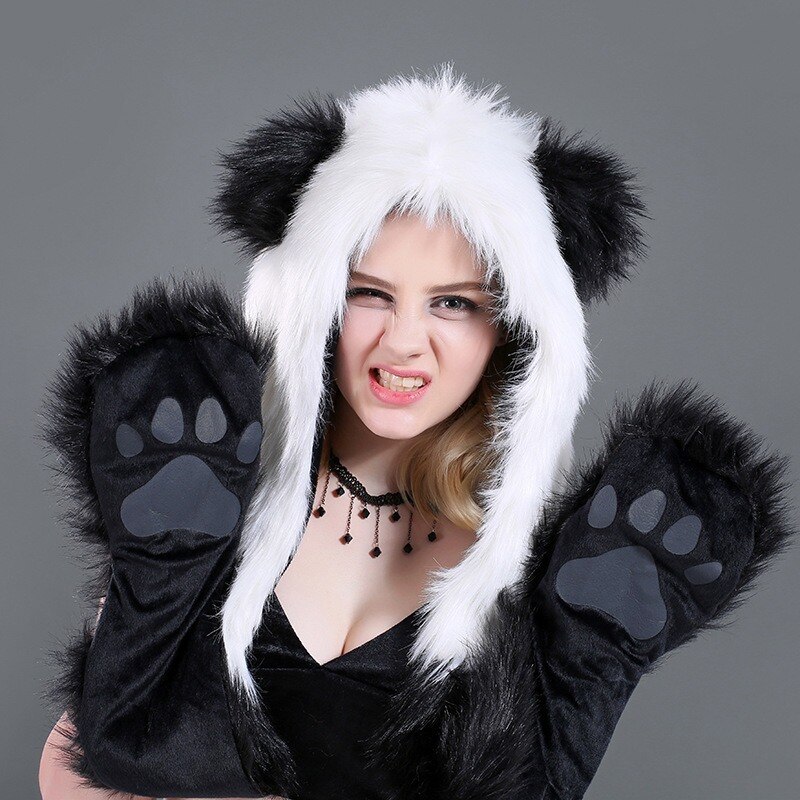 European and American panda hat scarf gloves all-match three-piece cartoon animal hat imitation fur scarf