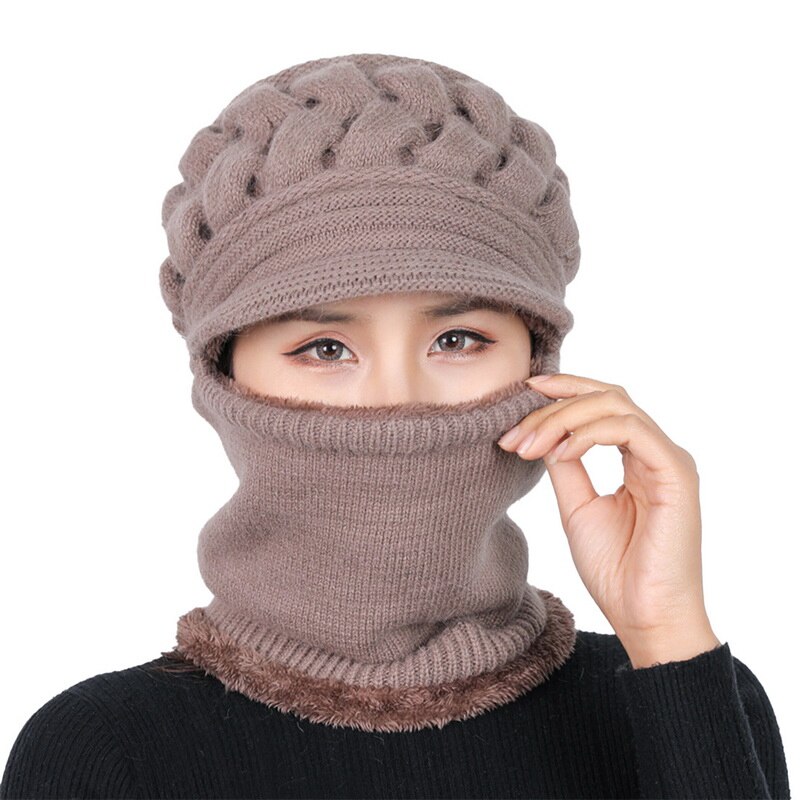 Damer vinter varm uld hat med tyk hagesmækmaske og høreværn hat kvindelig varm strikket uld hætte støvtætte cykel hatte: E769642