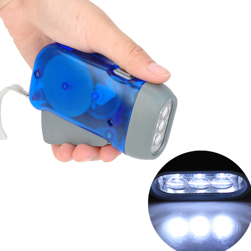 Mini lampe de poche à manivelle dynamo à pression manuelle, lampe de camping à LED, torche auto-alimentée, lumière bleue extérieure, maison chaude