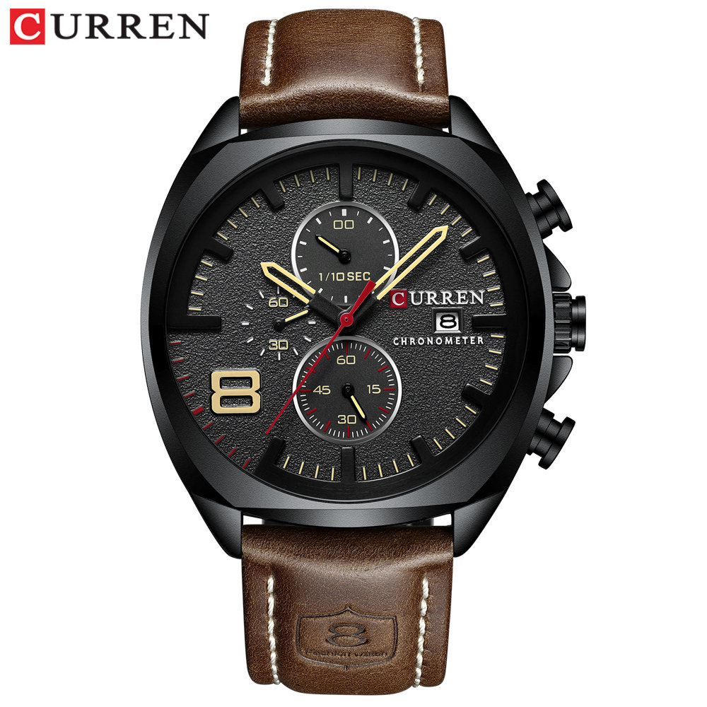 Curren Mannen Kijken Topmerk Luxe Chronograaf Horloges Lederen Waterdichte Sport Kalender Horloge Relogio Masculino: black yellow