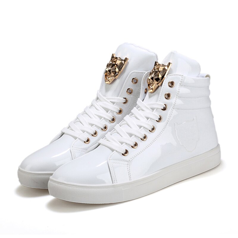 Seje mænd high top mænd guld glitter krasovki sneakers bling platform flats sko mand blank vulkaniseret leopard hoved sko: Hvid / 7