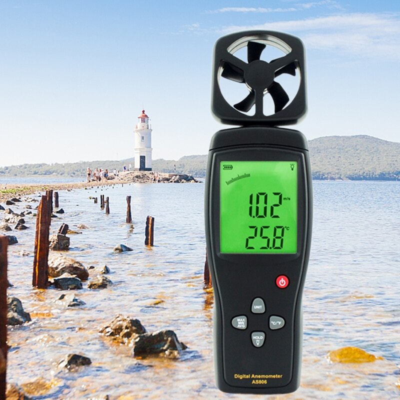 AS806 Portable Digital Anemometer Wind Speed Meter with Thermometer LCD Backligh