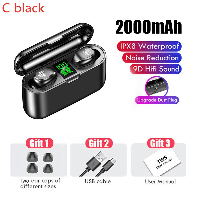 Tws bluetooth hoofdtelefoon, draadloze sport oordopjes, mini gaming headset met microfoon, waterdichte oordopjes voor xiaomi, huawei, oppo en iphone: C zwart
