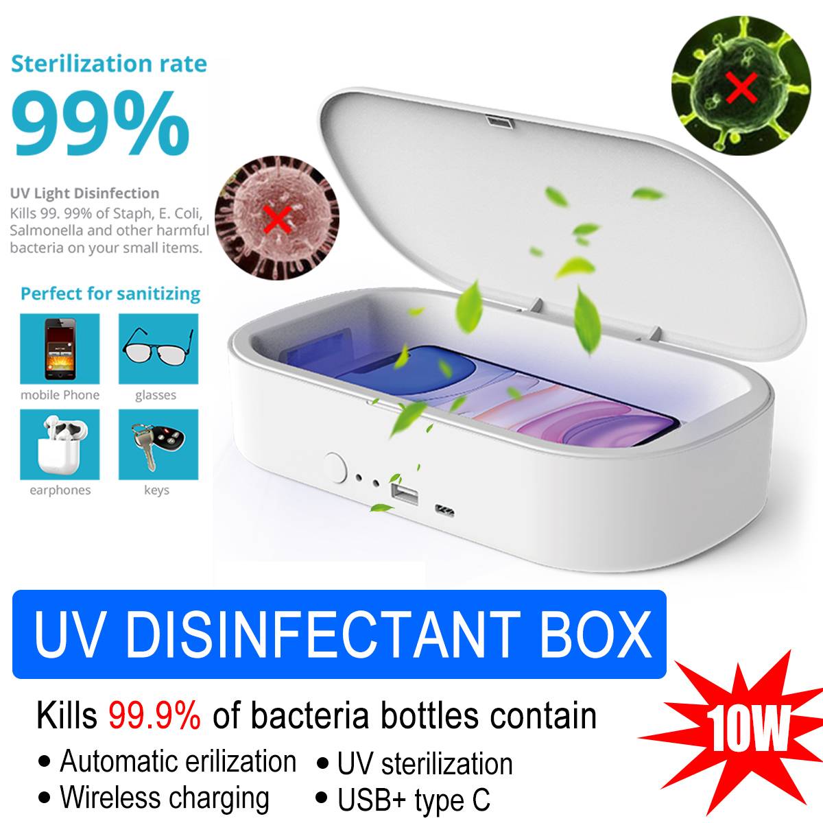 UV Phone Sterilizer Box USB Phone Cleaner Ultraviolet Germicidal Sterilization Disinfection Box 10W Wireless Charging