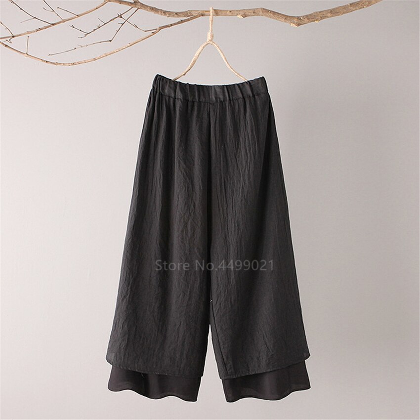 Traditional Chinese Women Tops Retro Casual Solid Linen Tea Set Breathable Tai Chi Hanfu Full Sleeve Buckle Tops Trousers: Black Trousers