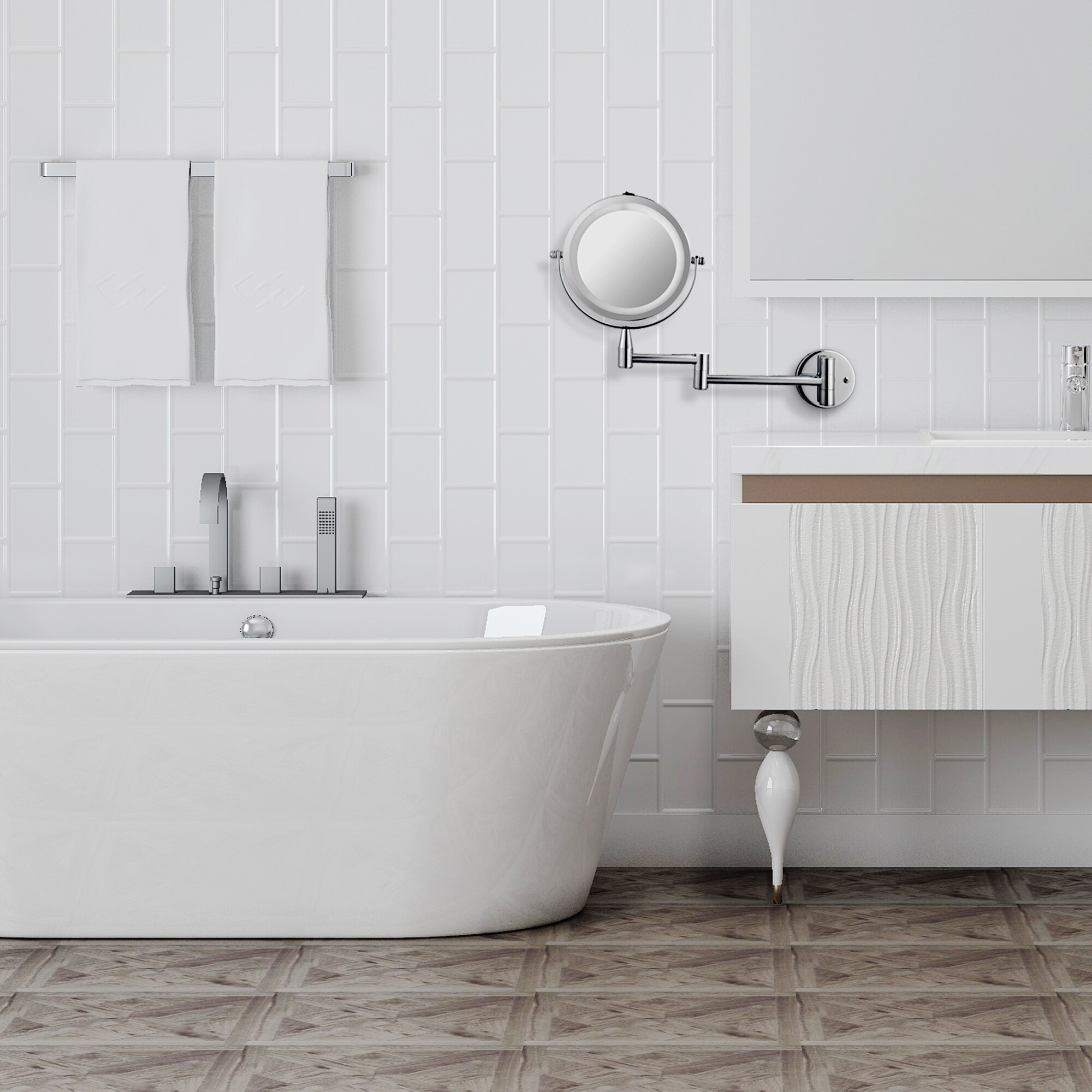 Led Dubbelzijdig Vergrootglas Make-Up Spiegel, 6.0 "15Cm Diameter 1X/5X Verstelbare Wandmontage 360 Roterende Uitschuifbare Draaibare Spiegel