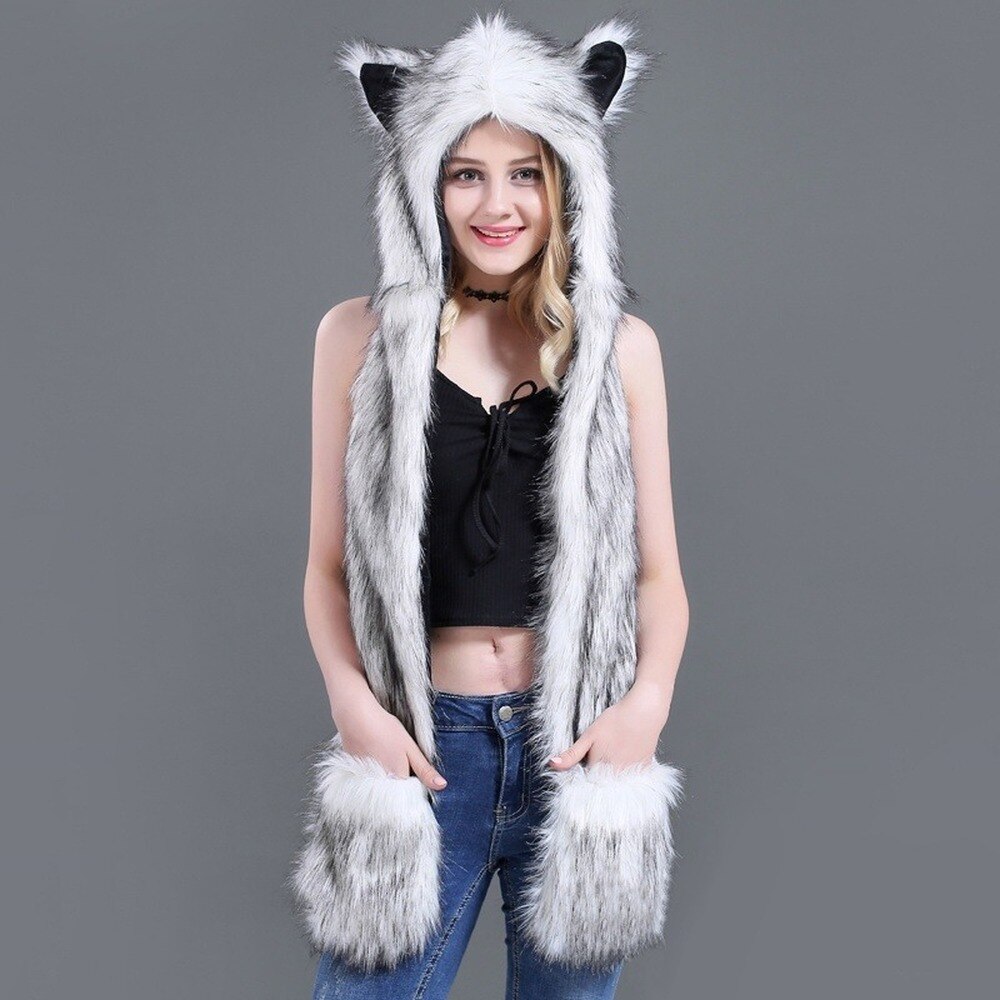 Women Animal Hat Ear Flaps Hand Pockets Warm Winter Faux Fur Hat Fluffy Plush Cap Hood Scarf Shawl Glove