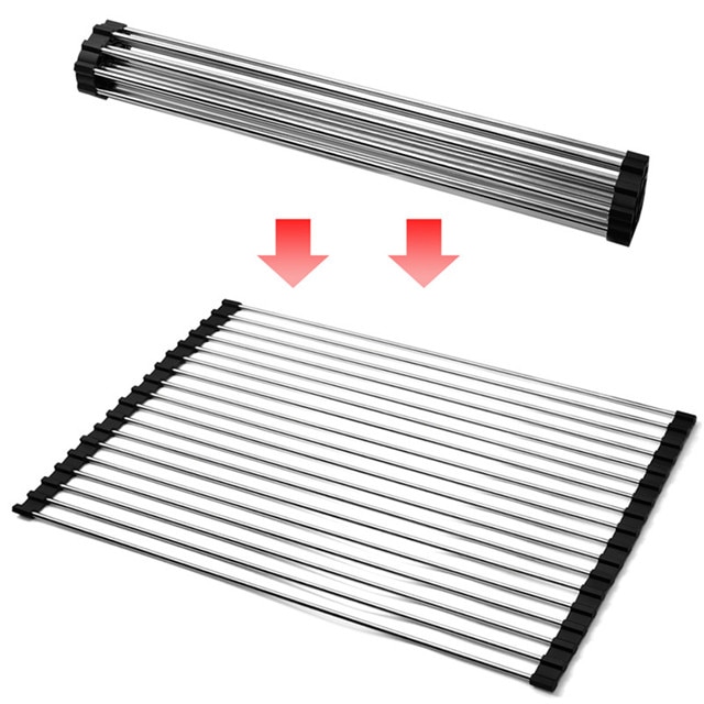 Dishwasher Safe Food Defrost Silicone Coated Foldable Roll Up Stainless Steel Dish Drying Rack
