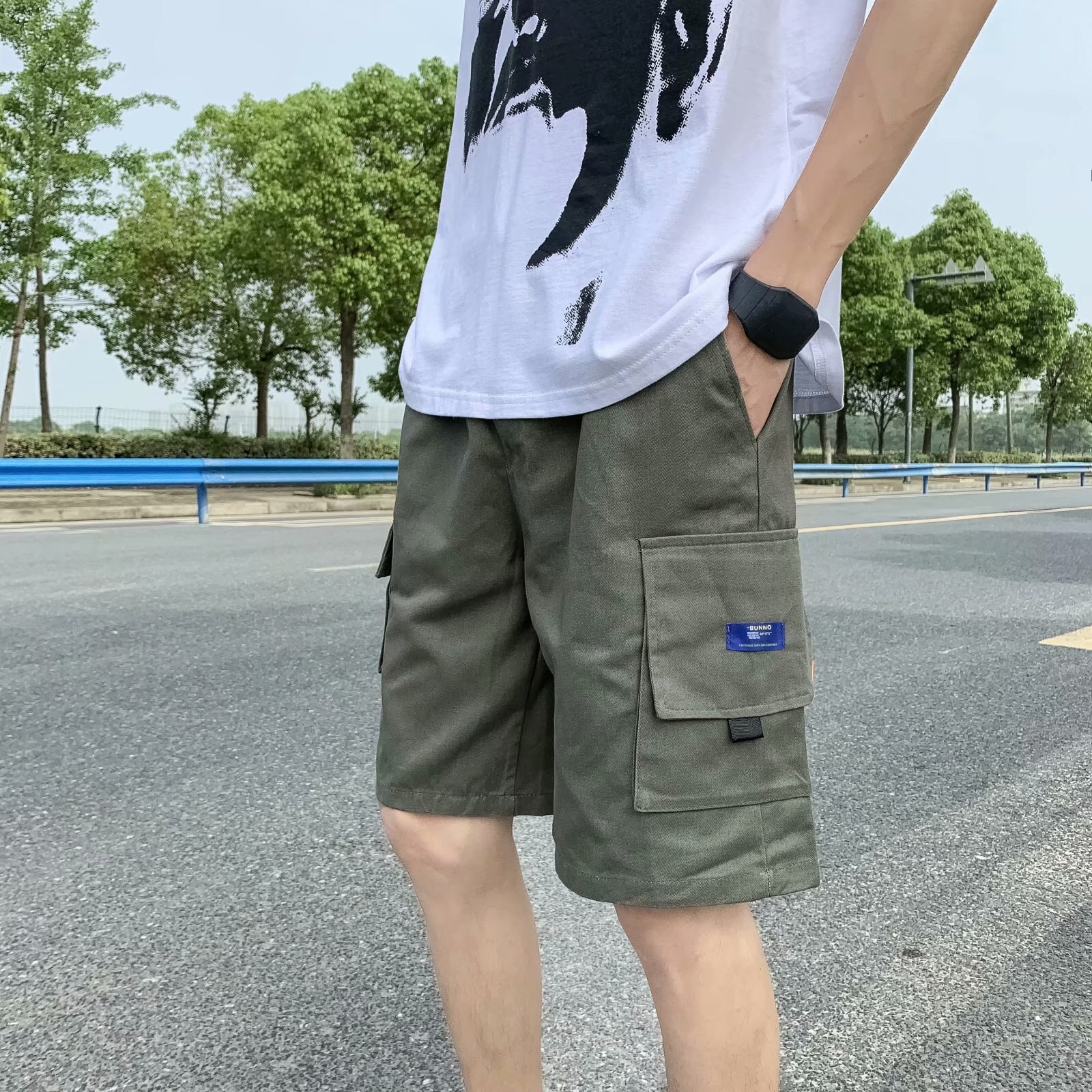 Corée à la hommes Cargo Shorts cordon lâche demi-pantalon marée décontracté Sup Streetwear grande poche coton sport pantalons de plage: green / Asian size L