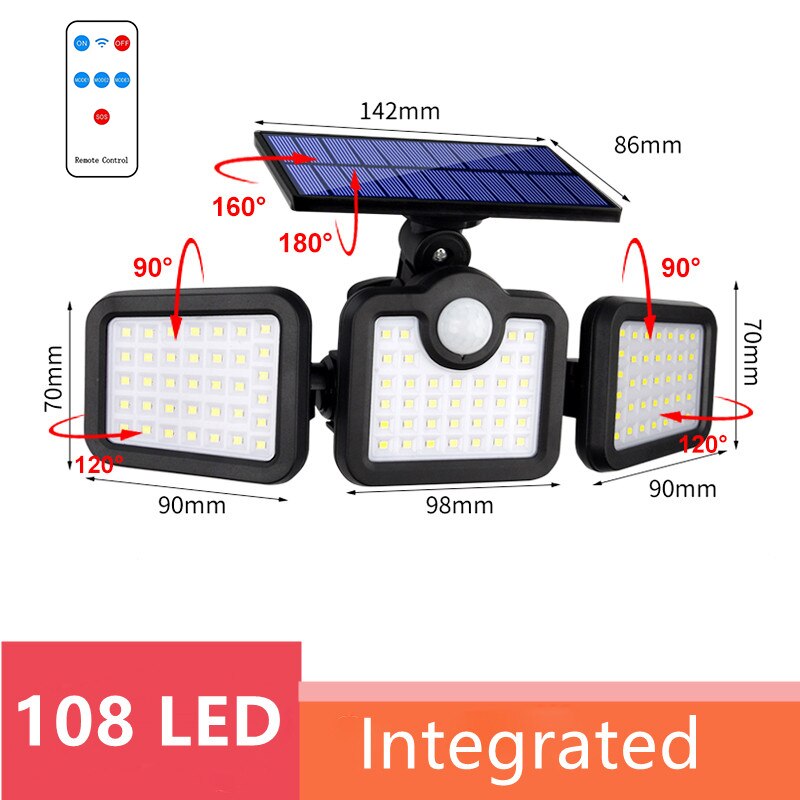 Solar Led Light Outdoor Waterproof Motion Sensor Solar Garden Lights 3 Heads Powerful Outdoor Lighting Solar Energy Wall Lamp: 108 SMD Integrated