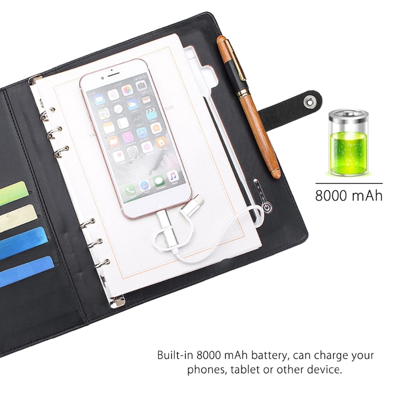 Business Note Book Multi Functional A5 Power Book 8000 MAh Power Bank Qi Wireless Charging Note Book Binder Spiral Diary Planner