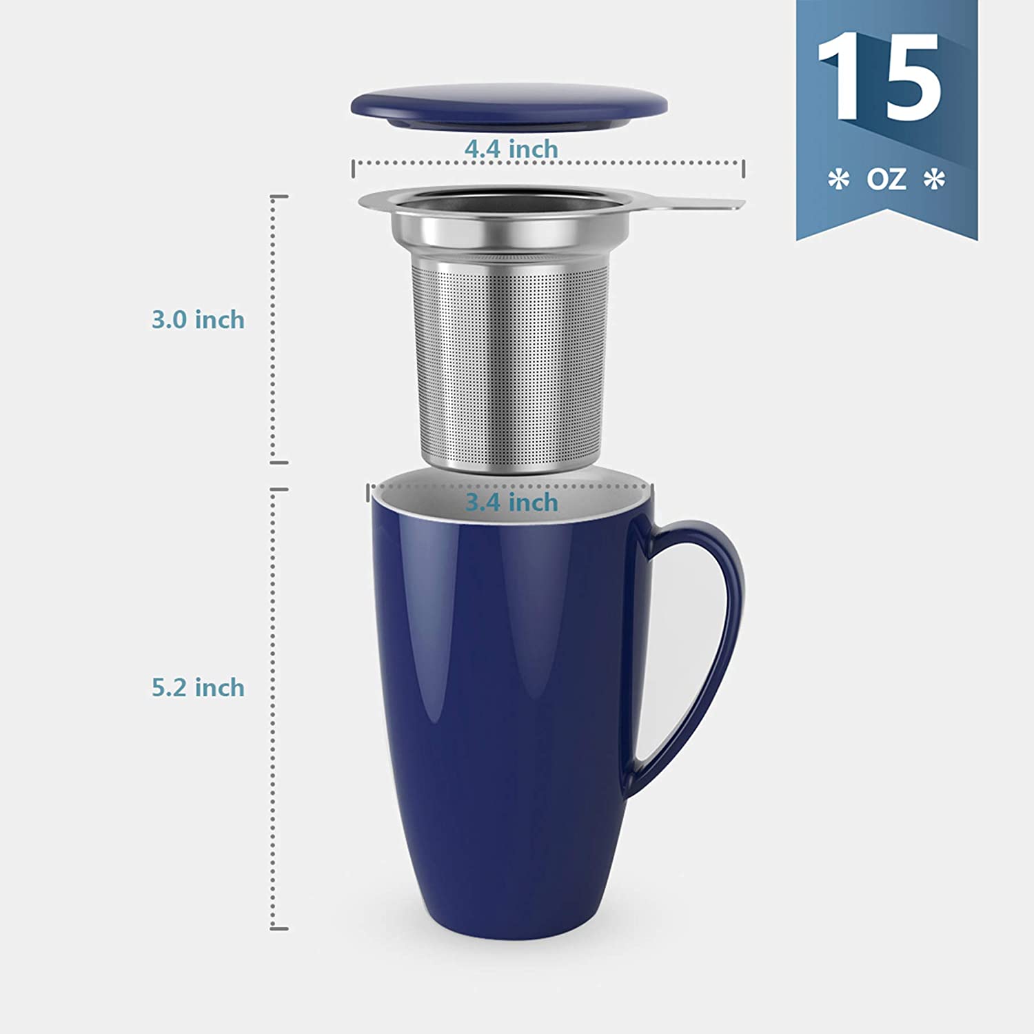 201.103 Porcelain Tea Mug with Infuser and Lid, 15 OZ, Navy Tea Cup with Infuser Green Tea Stainless Infuser Metal Mesh Tea