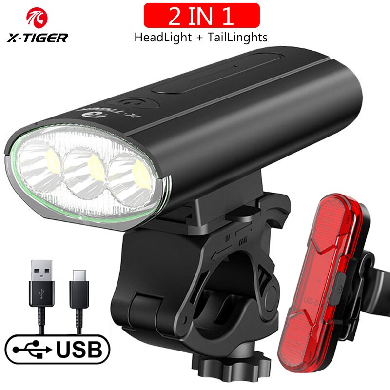 Juego de luces delanteras para bicicleta de X-TIGER, lámpara LED resistente al agua, recargable vía USB, 5200mAh: QD-0901T