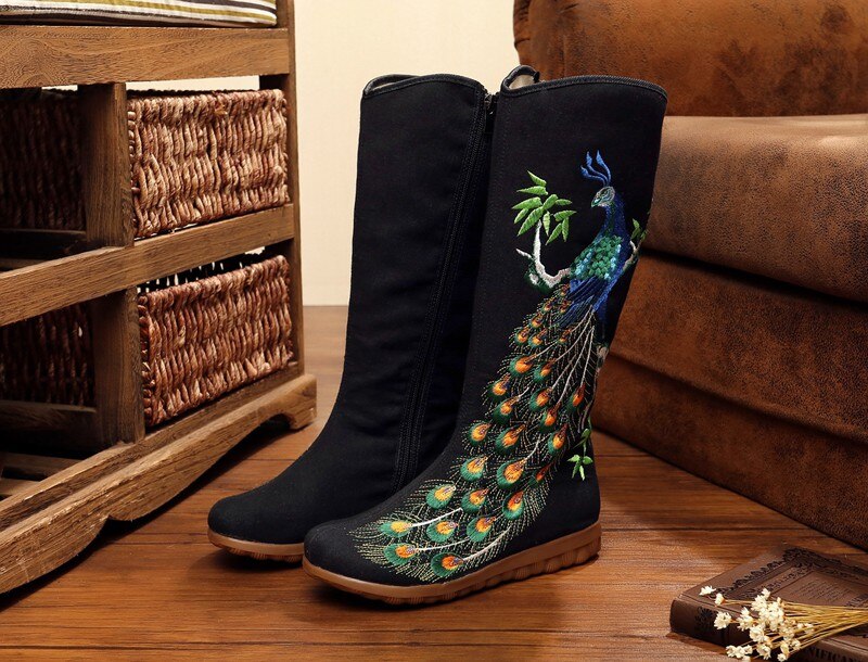 Veowalk Herfst Oude Beijing Pauw Pailletten Katoen Geborduurde Vrouw Casual Mid Laarzen Dames Platform Canvas Schoenen Botas Mujer: Black / 5