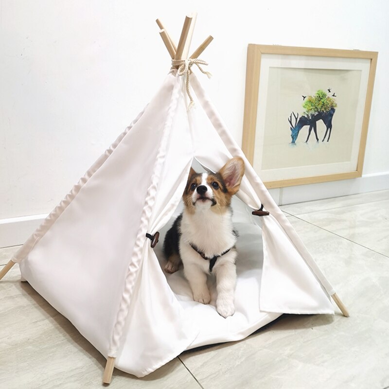 Hvidt kanvas kæledyr kat hund tipi telt hus sengesæt med pude og tavle aftagelig vaskbar, til kæledyr op  to 33 lbs