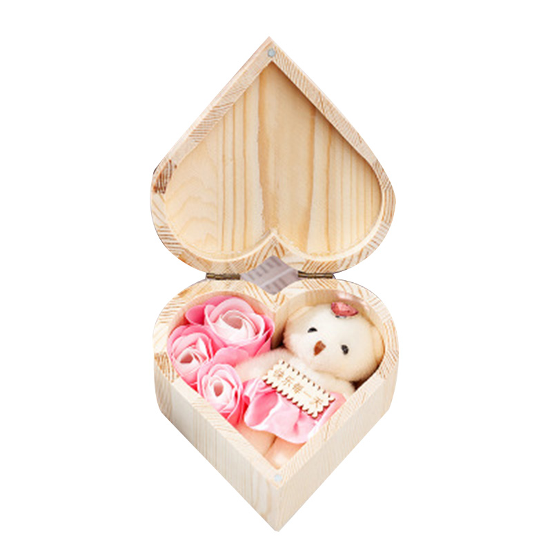 Hjerteformet trækasse sæbe blomst smykkeskrin håndlavet udødelig blomst til valentinsdag: Lyserød bjørn
