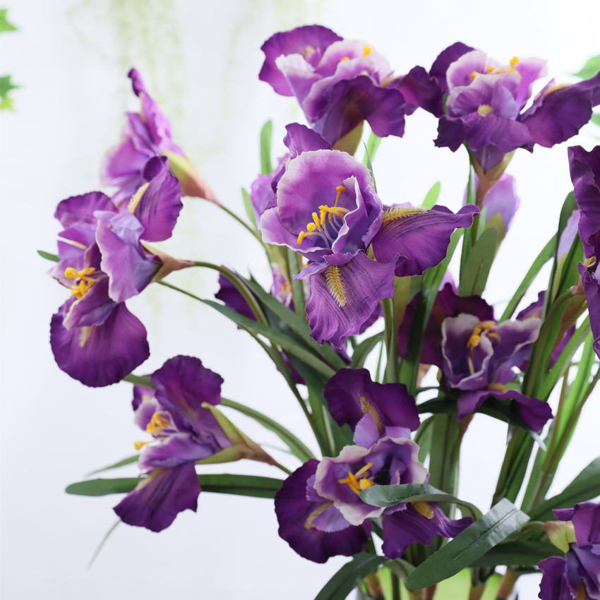 3 huvuden alice iris blomma med gröna blad siden konstgjorda blommor för heminredning flores orkidé