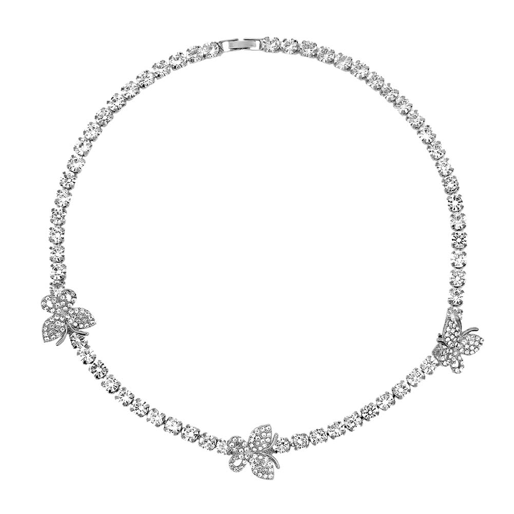 Luxury 1 Row Big Rhinestone Tennis Cuban Choker Necklace For Women Crystal Butterfly Charms Clavicle Chain Wedding Jewelry: 045002SL