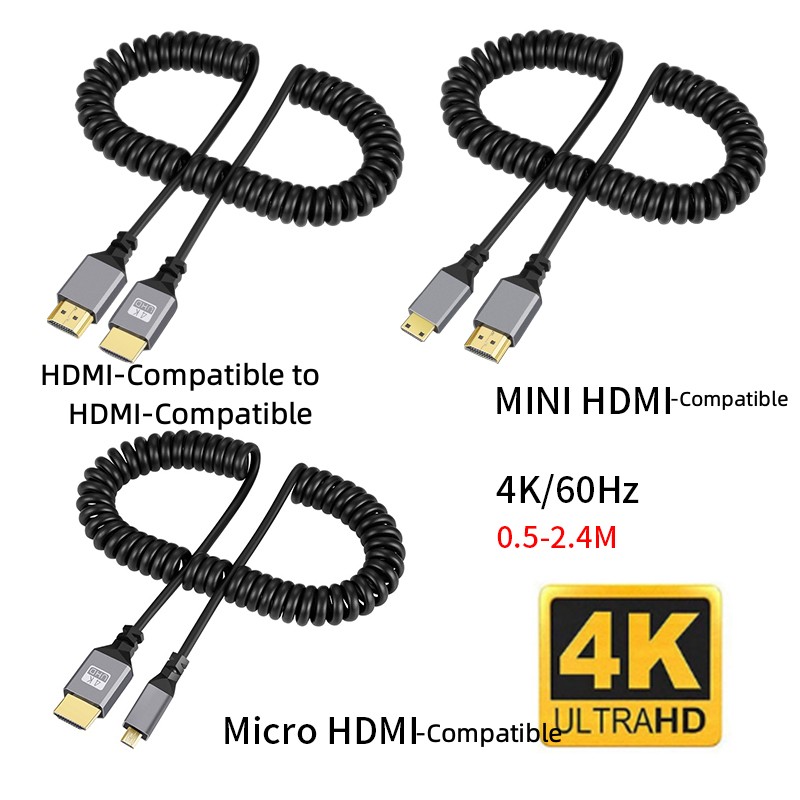 4K @ 60HZ 0,5-2,4 M Compatible con HDMI a HD/MINI HD/Micro HD/extensión en espiral Cable espiral Flexible Cable de enchufe macho a macho para HDT