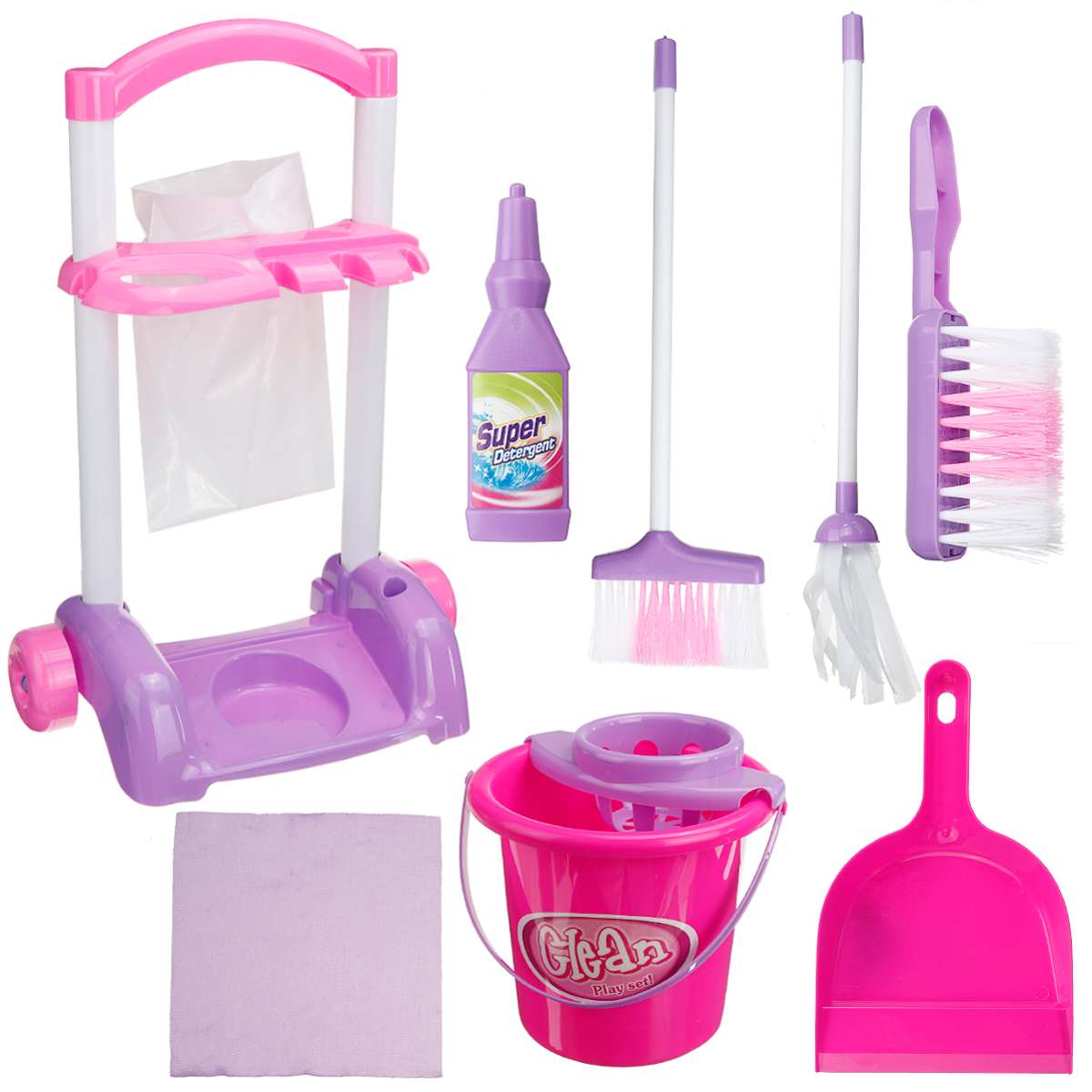 Children Kids Pretend Play Housekeeping Toys Simulation Cleaning Tools Kit Sweeping Mop Brush Trolley Cleaning Toys Set: 667K