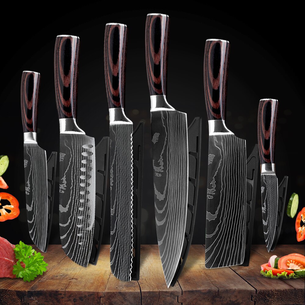 Damask Kitchen Chef Knives Set 7CR17 High Carbon Stainless Steel Sharp Utility Santoku Boning Damascus Pattern Cooking Tools: 6pcs Set