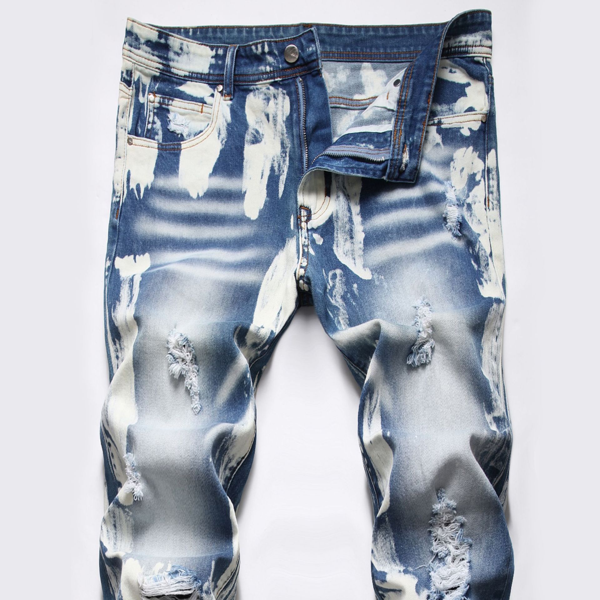 Mannen Gaten Ripped Denim Jeans Streetwear Slanke Broek Geschilderd Vernietigd Gewassen Broek