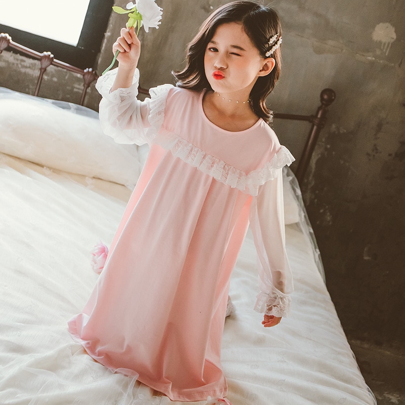 Kids Girls Nightgown Nightdress England Style Sleepwear Long Sleeves Homewear Girls' Princess Nightgowns Spring Clothes