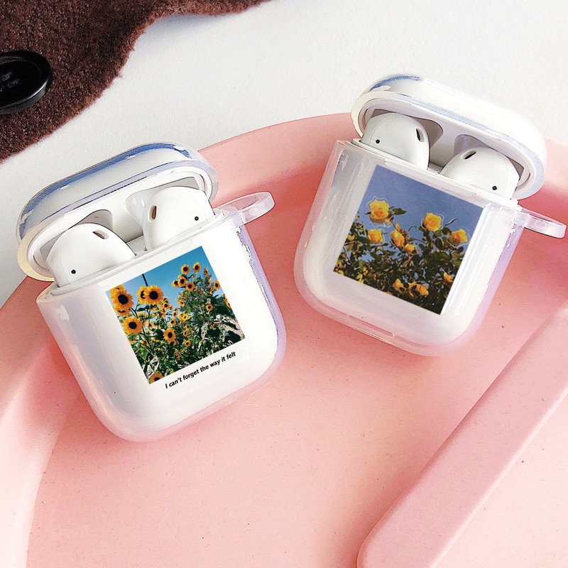 Fiore di Girasole Rosa Auricolare Custodia Per Airpods 2 1 Auricolare Senza Fili di Bluetooth di Caso Molle di TPU Del Silicone Capa Coperchio Trasparente