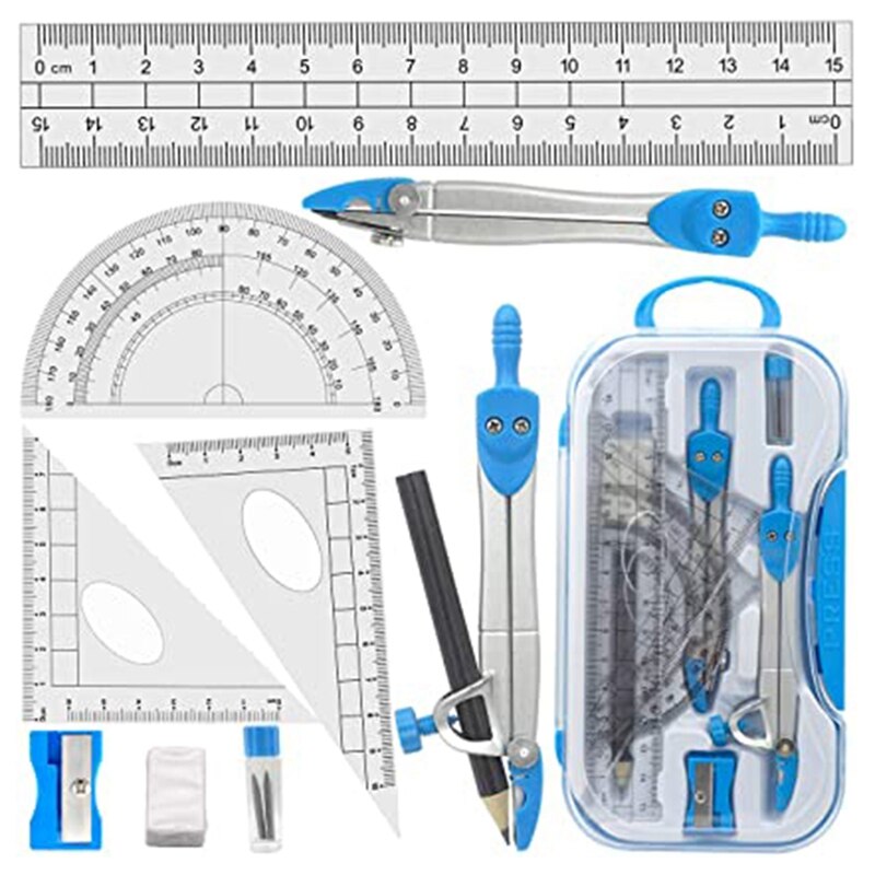 Geometry Compass Set 10Pcs School Maths Protractor Set Rulers for Student Maths and Engineering in Carry Case: Blue