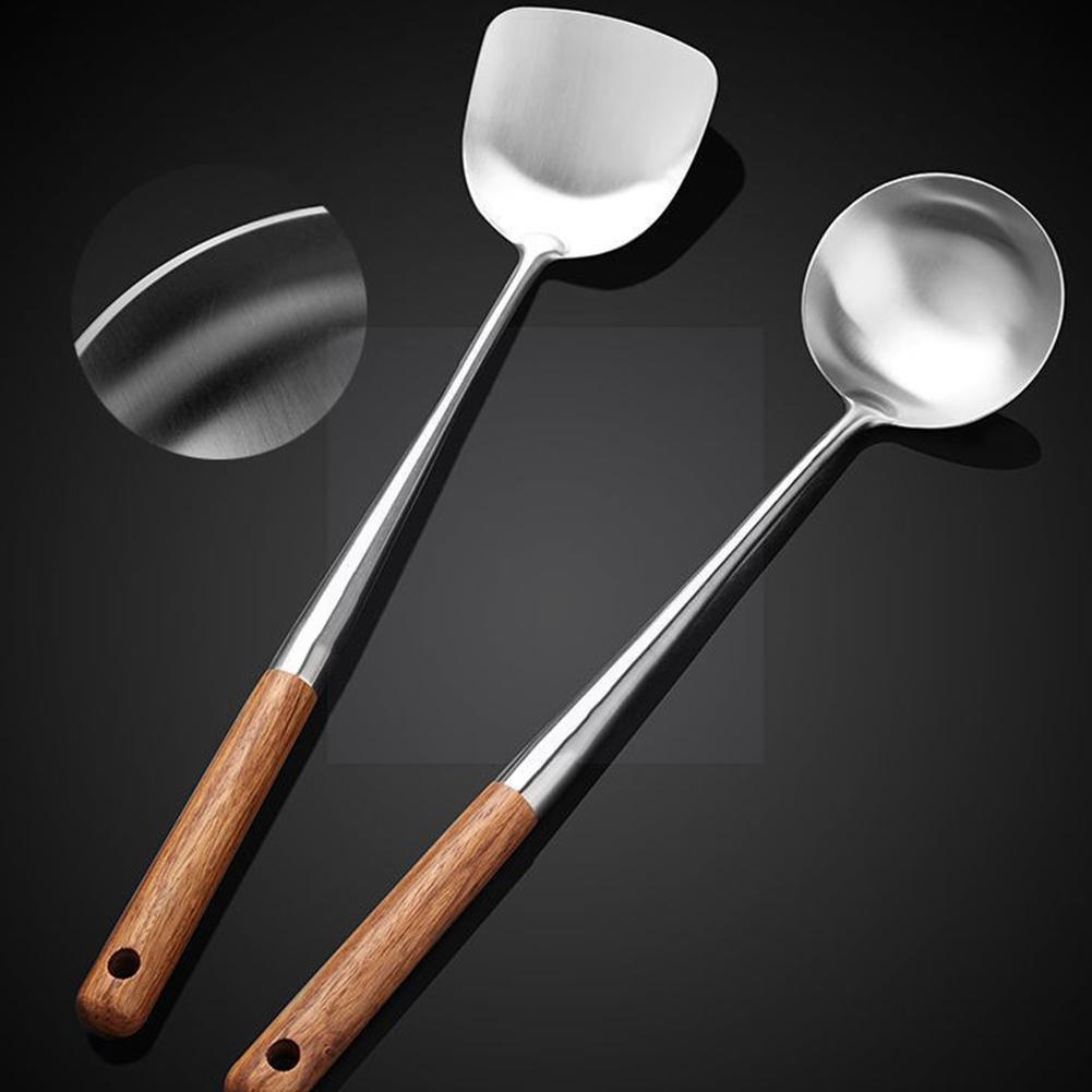 Steel Kitchen Wok Spatula Spoon Chinese Cooking Tool Durable Wooden Bar Kitchen Safety Handle Tools T7g6