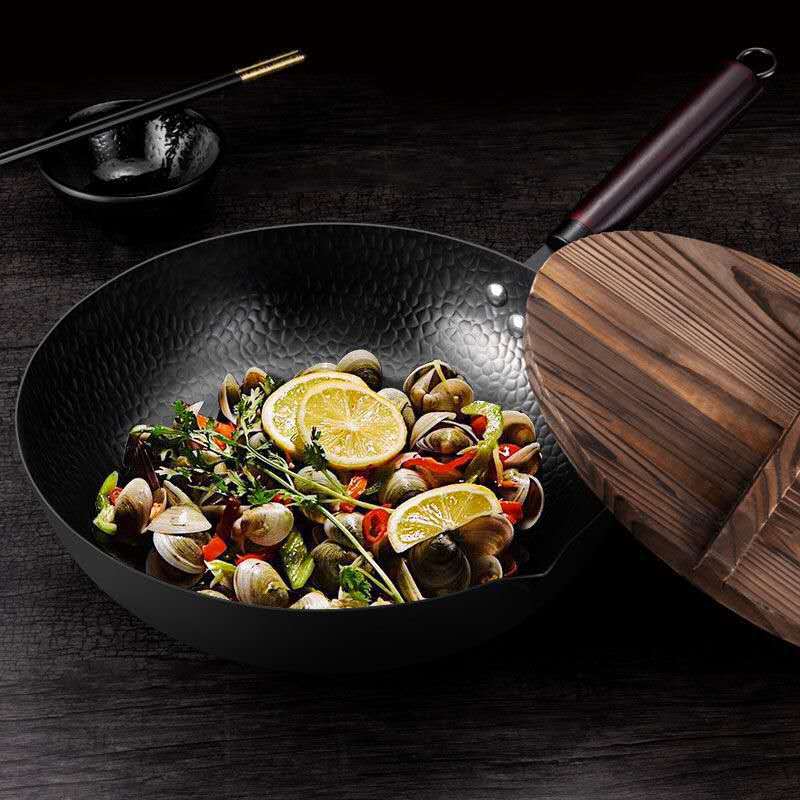 Sartén de inducción para Wok, 32cm, sin químicos, acero al carbono sartén para freír con mango de madera desmontable