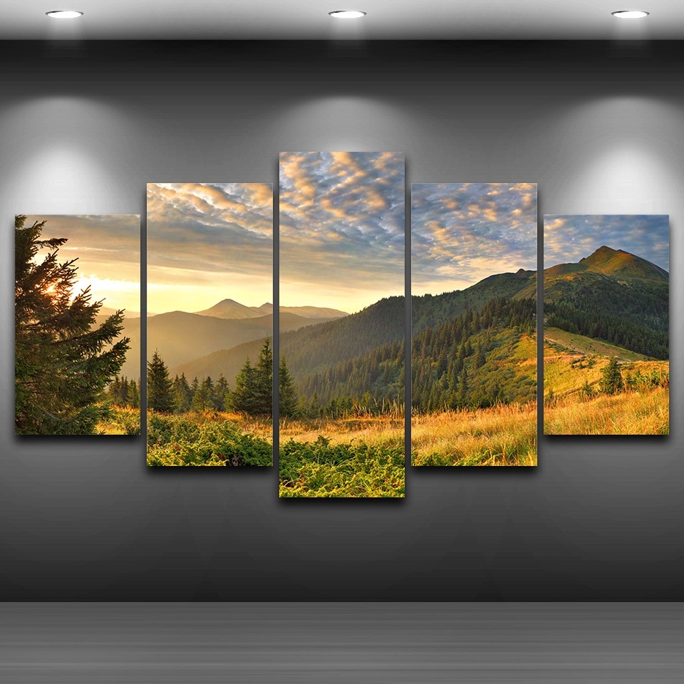 HD Print Painting Canvas Home Decor 5 Piece Sunset Mountain Clouds Green Nature Landscape Poster Modular Wall Art Pictures Frame