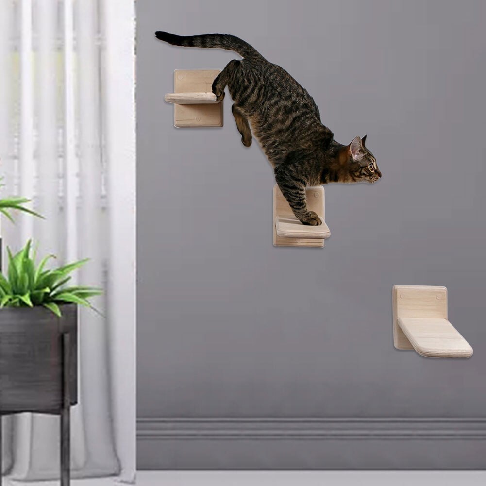 3PCS Cat Wall Frame DIY Cat Climbing Ladder Pine Opening Cat Jumping Platform Springboard Solid Wood Wall-mounted