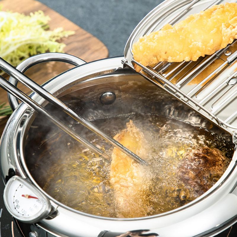 Olla de acero inoxidable duradera con termómetro, sartén de estilo japonés con tapa de estante de goteo de aceite, alta temperatura