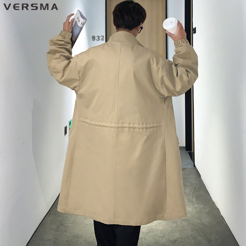 VERSMA Korean Trendy Black Mens Long Trench Coat Men Plus Size British Style Solid Color Russian Waterproof Classic Windbreaker
