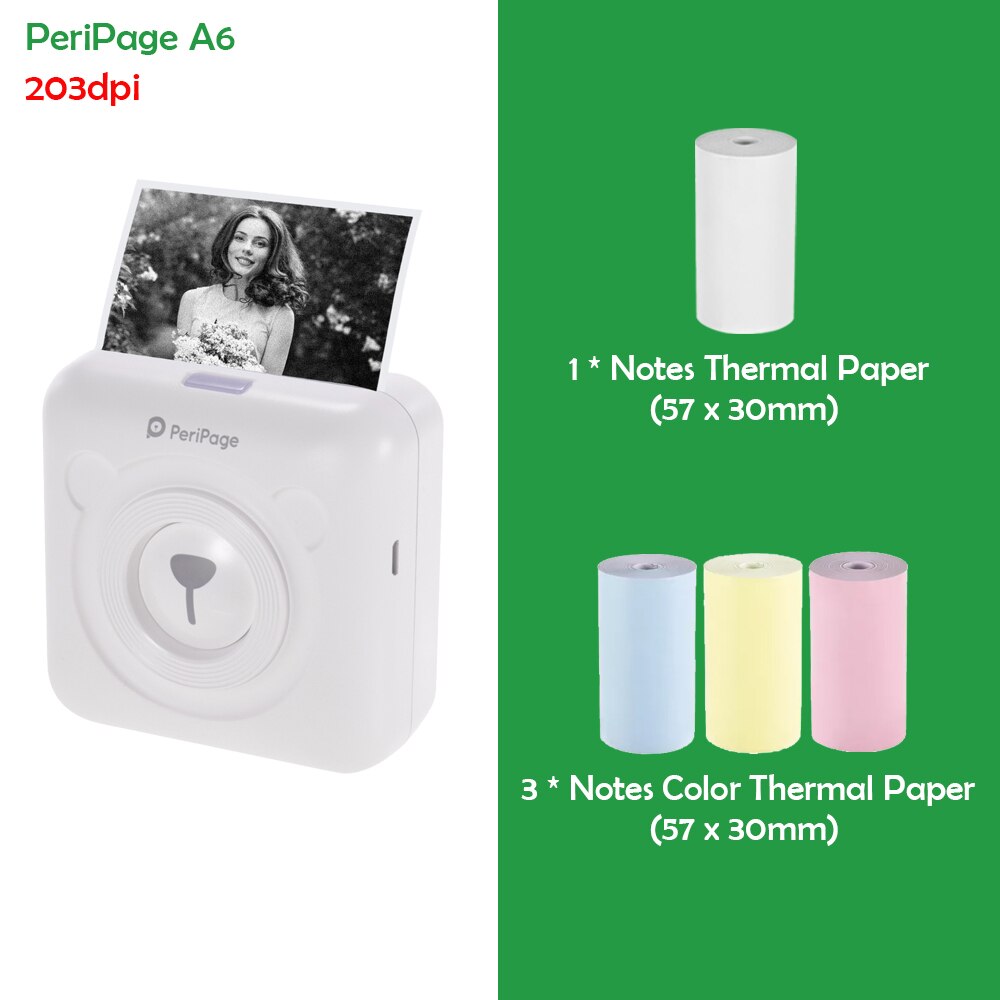 Stampante termica portatile Peripage A6 mini stampante termica tascabile per foto in carta da 203DPI stampante Bluetooth senza fili da 58mm: bianca impostato 2
