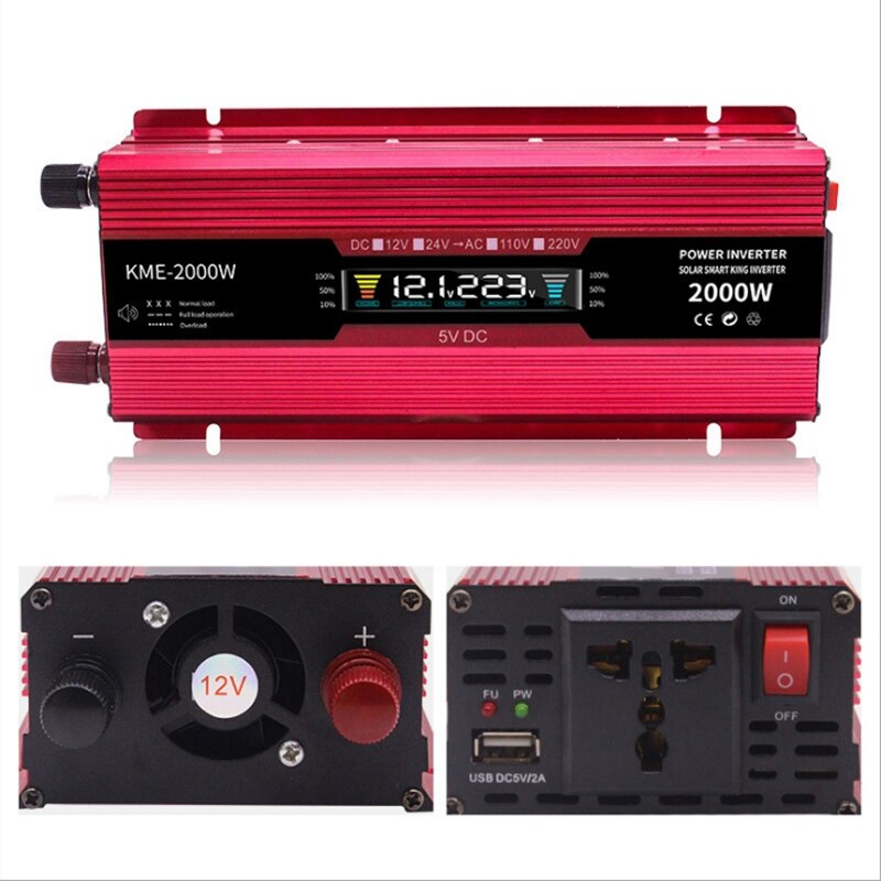 2000W Inverter with Display LCD Car Inverter Power 12V to 220V Red High Power Inverter