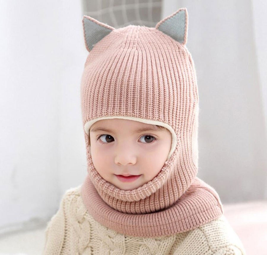 Beanie Warm Hat Kids Children Knitted Hooded Scarf Winter Circulal Knit Striped Earflap Ear Cap Scarves Child Accessories: Lotus root color