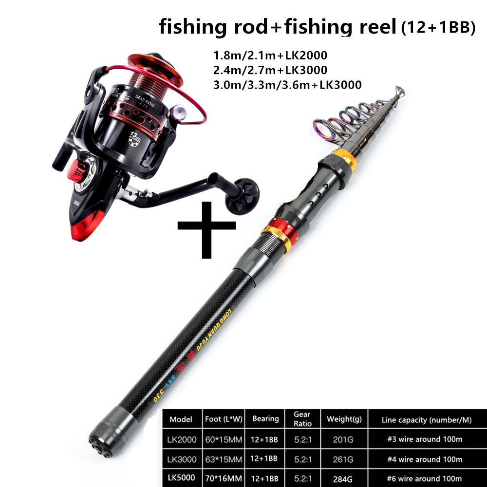 Spinning fiskestang rejse havstang 1.8m 2.1m 2.4m 2.7m 3.0m 3.3m 3.6m carbon teleskop fiskestang og hjul combo sæt shimano