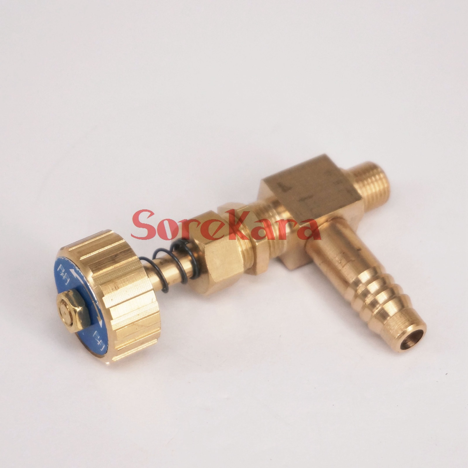 Albue messing nåleventil med fjeder  m10 x 1mm metrisk gevind  to 10mm i/d slange modhage max tryk 0.8 mpa for gas