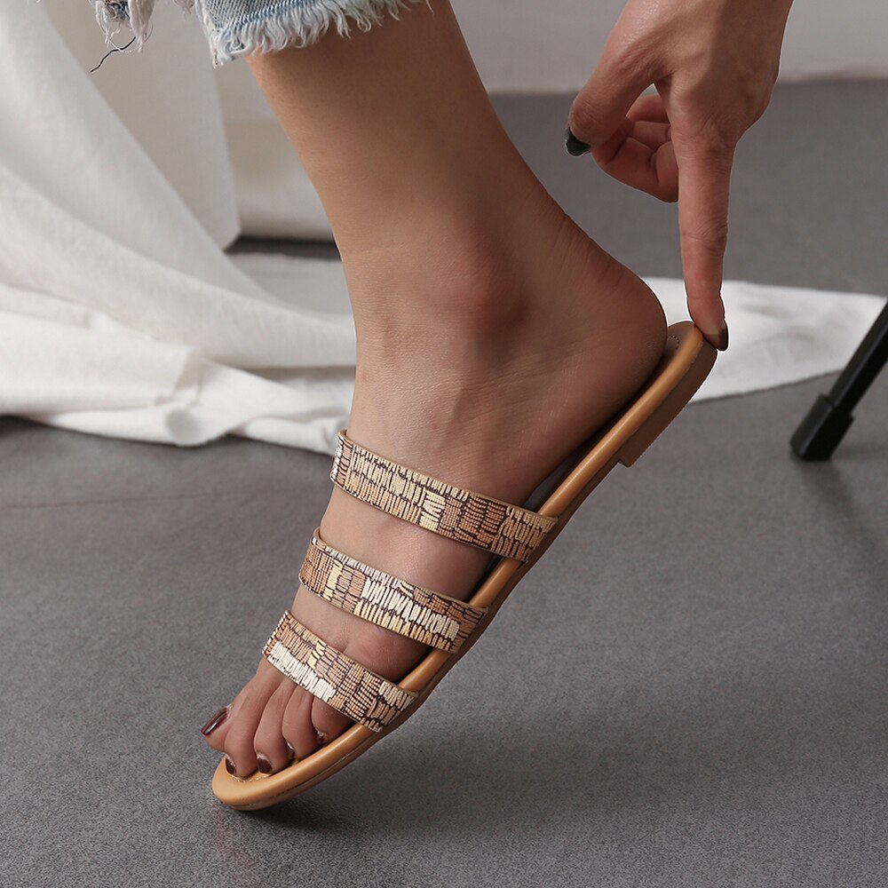 Meotina sommartofflor damskor glitter platta skor bling öppen tå slides dam sandaler brun grå stor storlek 36-45