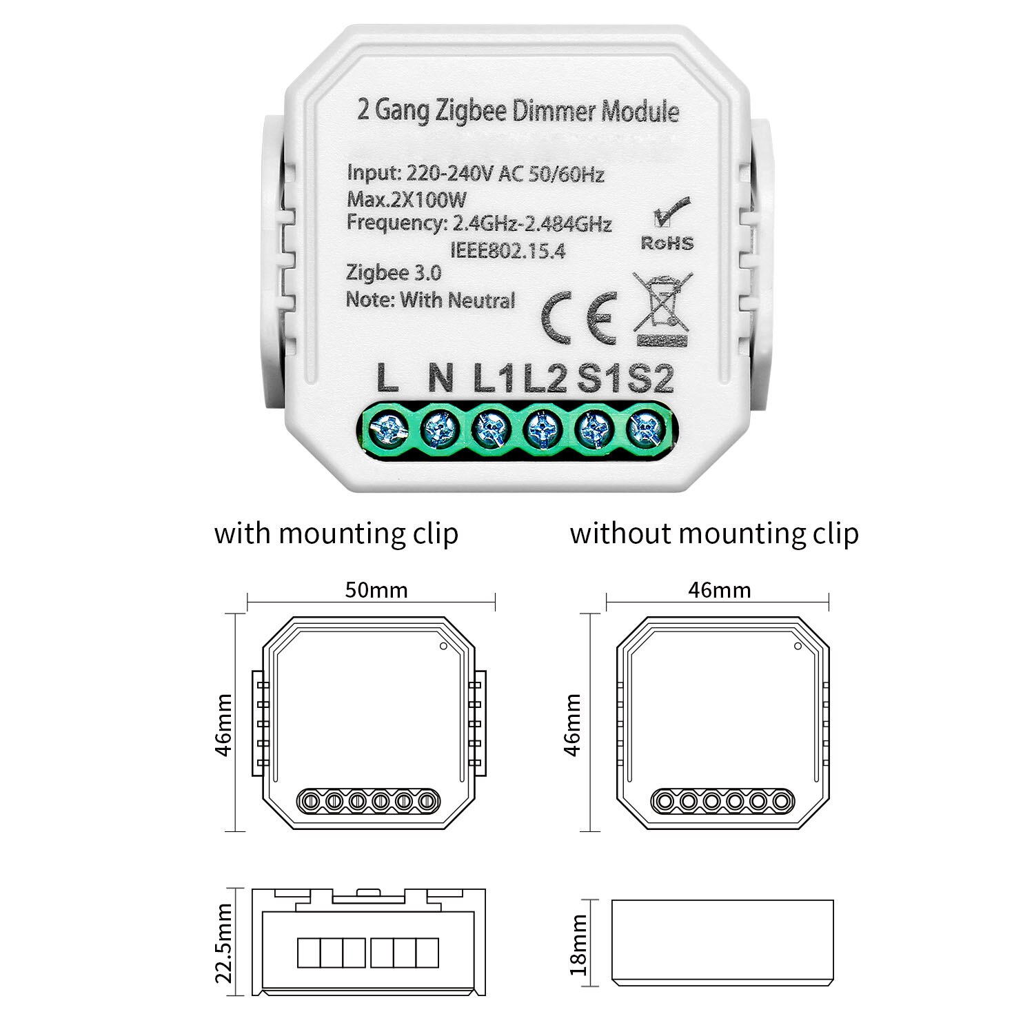 Tuya Smart Zigbee Dimmer Module 1Gang 2Gang Met Neutrale 2 Weg Draadloze Schakelaar Relais Ondersteuning Zigbee2MQTT
