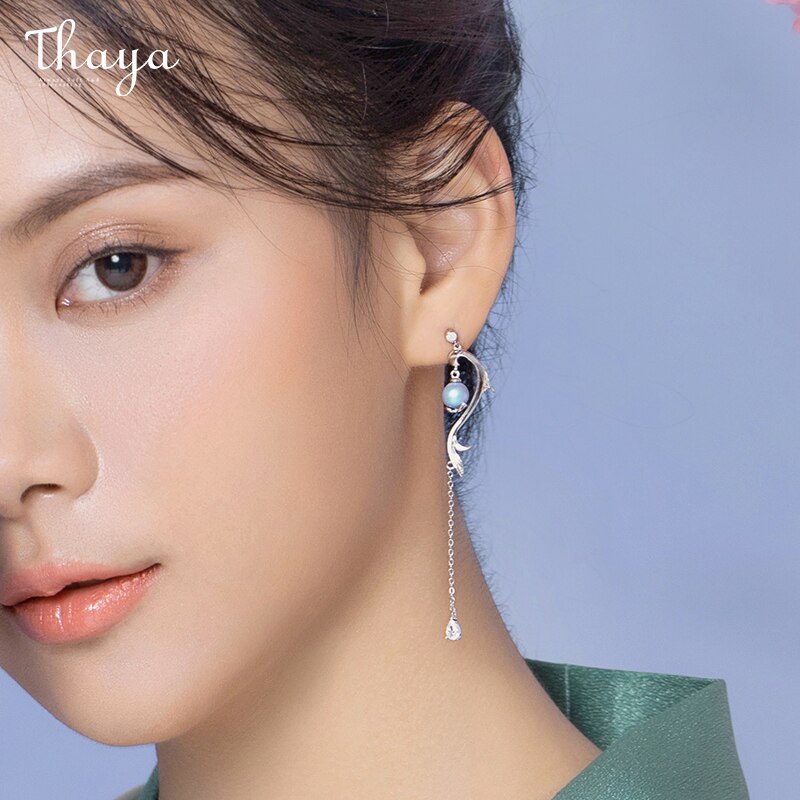 Thaya 100% S925スターリングシルバーイヤリングタッセル人魚ドロップブラブラドロップイヤリングの魅力婚約ギフトファインジュエリー