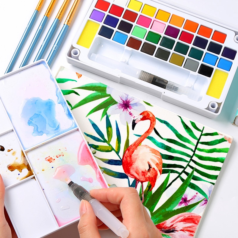 Solid Watercolor Paint Set Box With Paint Brush Pen Portable Water Color Pigment For School Students Beginner Art Supplies
