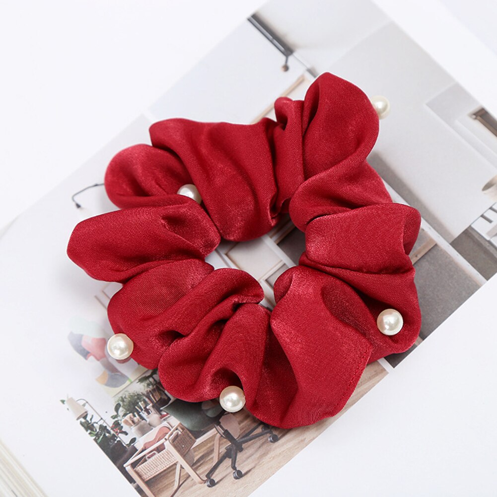 Coletero con perlas para mujer, lazos para el pelo suave y elástico, cintas elásticas para el cabello Vintage, accesorios para niña: Rojo